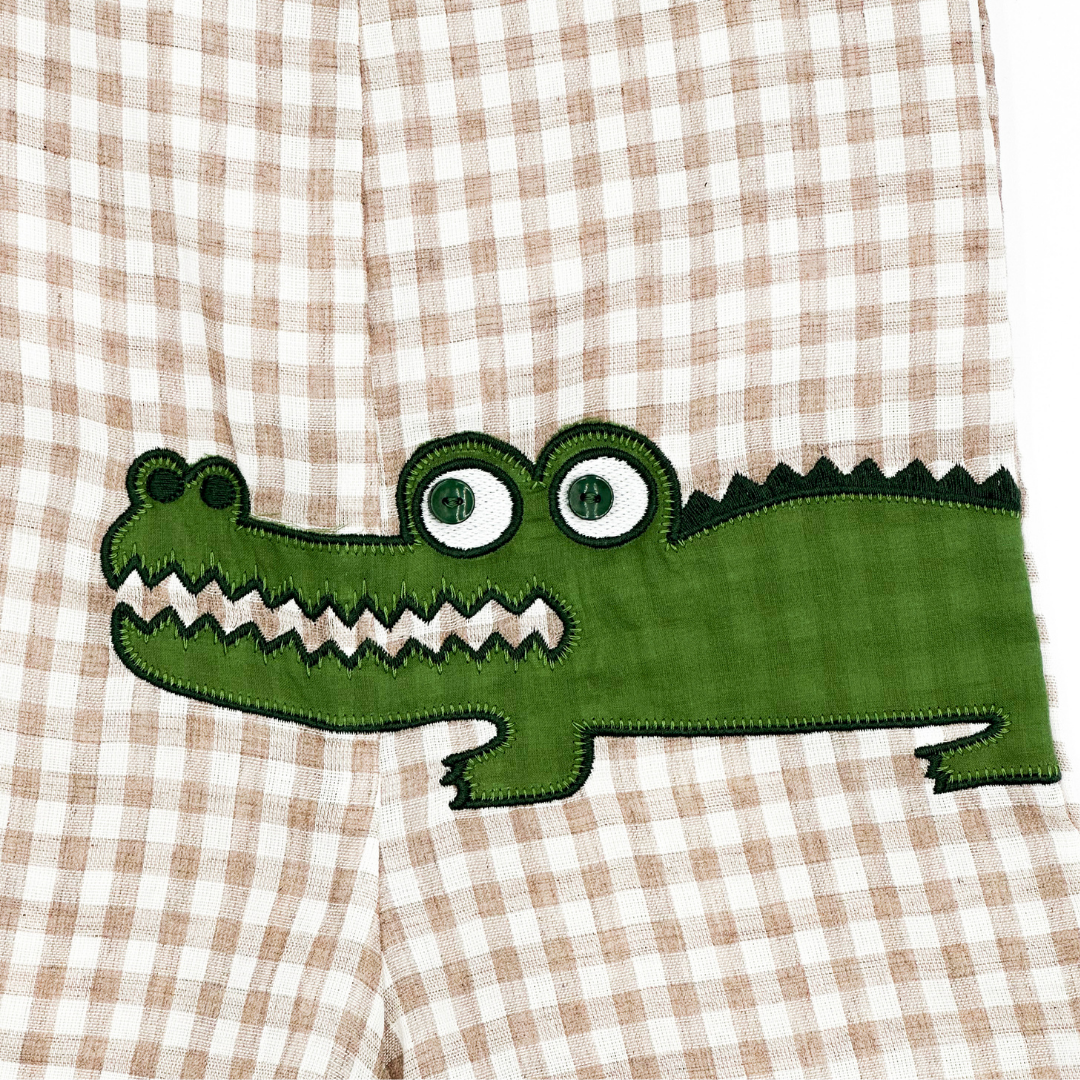 Brown Gingham Alligator Shortalls