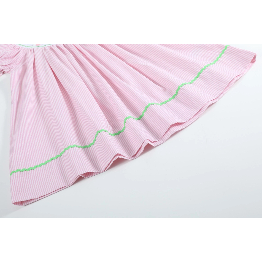 Pink Pinstripe Pom Pom Bunny Smocked Bishop Dress