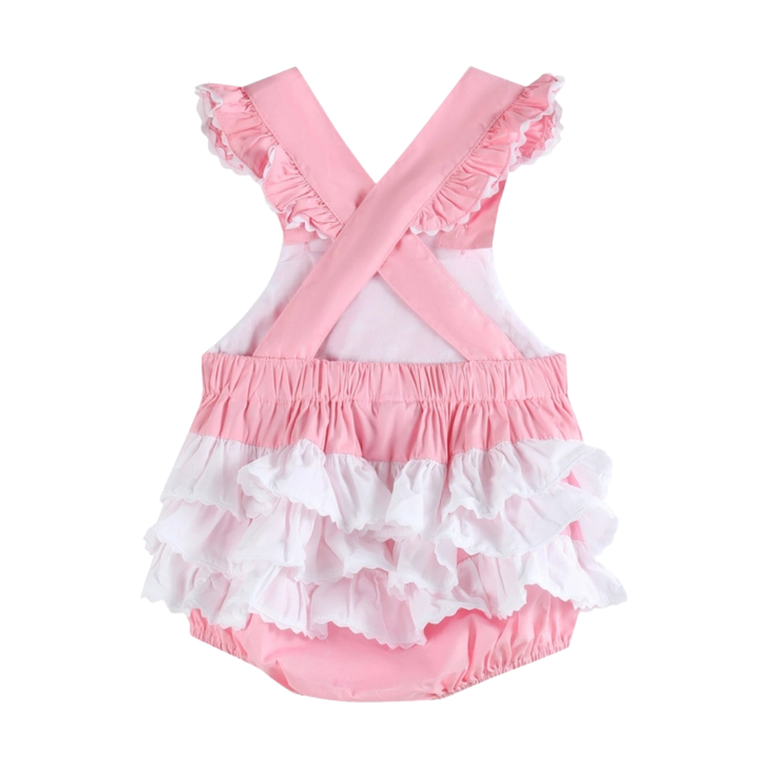 Pink and White Flower Smocked Ruffle Romper