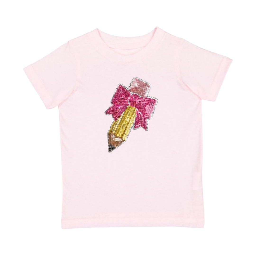 Pencil Bow Sequin Patch Short Sleeve T-Shirt