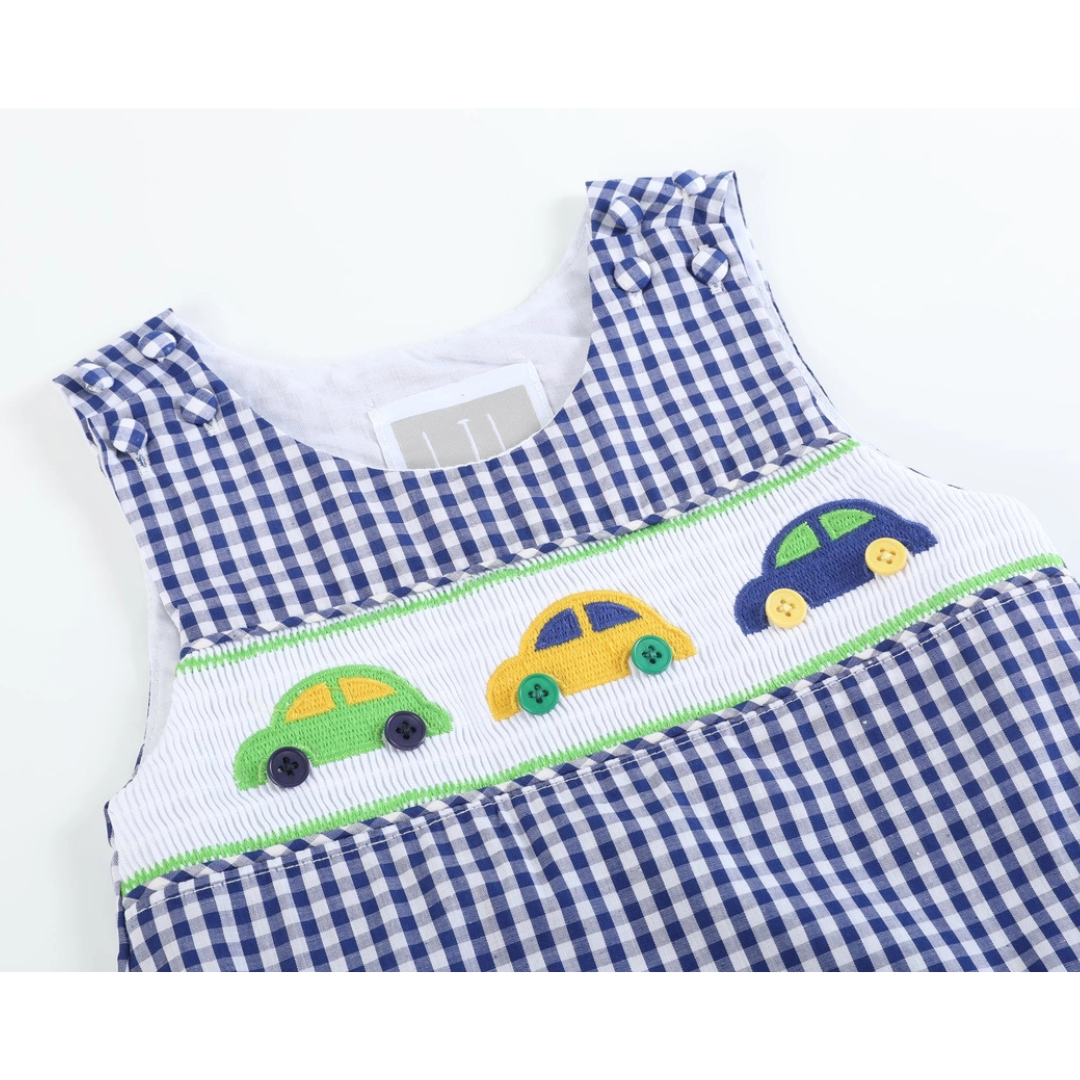 Blue Striped Car Smocked Shortalls