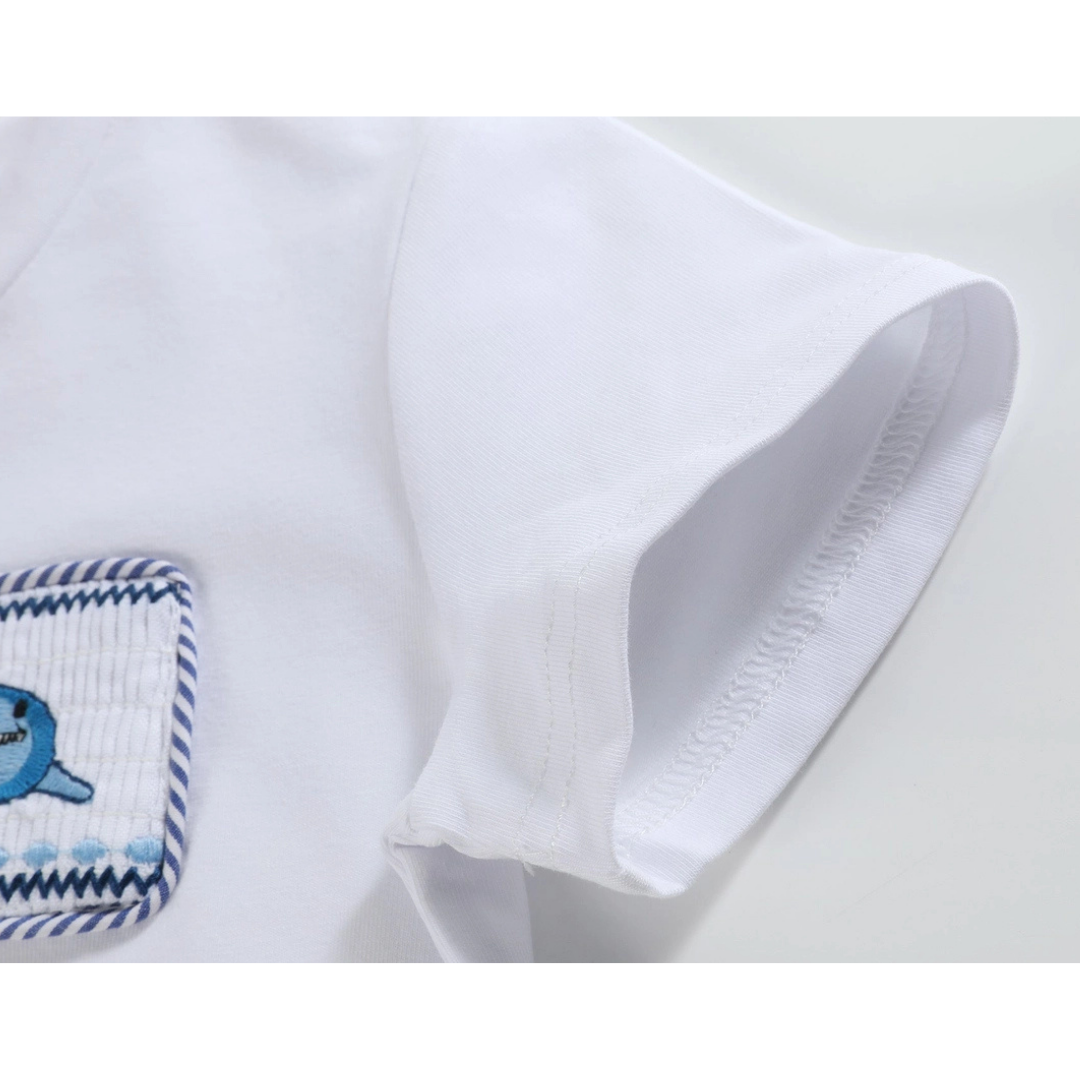 White Shark Smocked Tee and Navy Stripe Shorts Set
