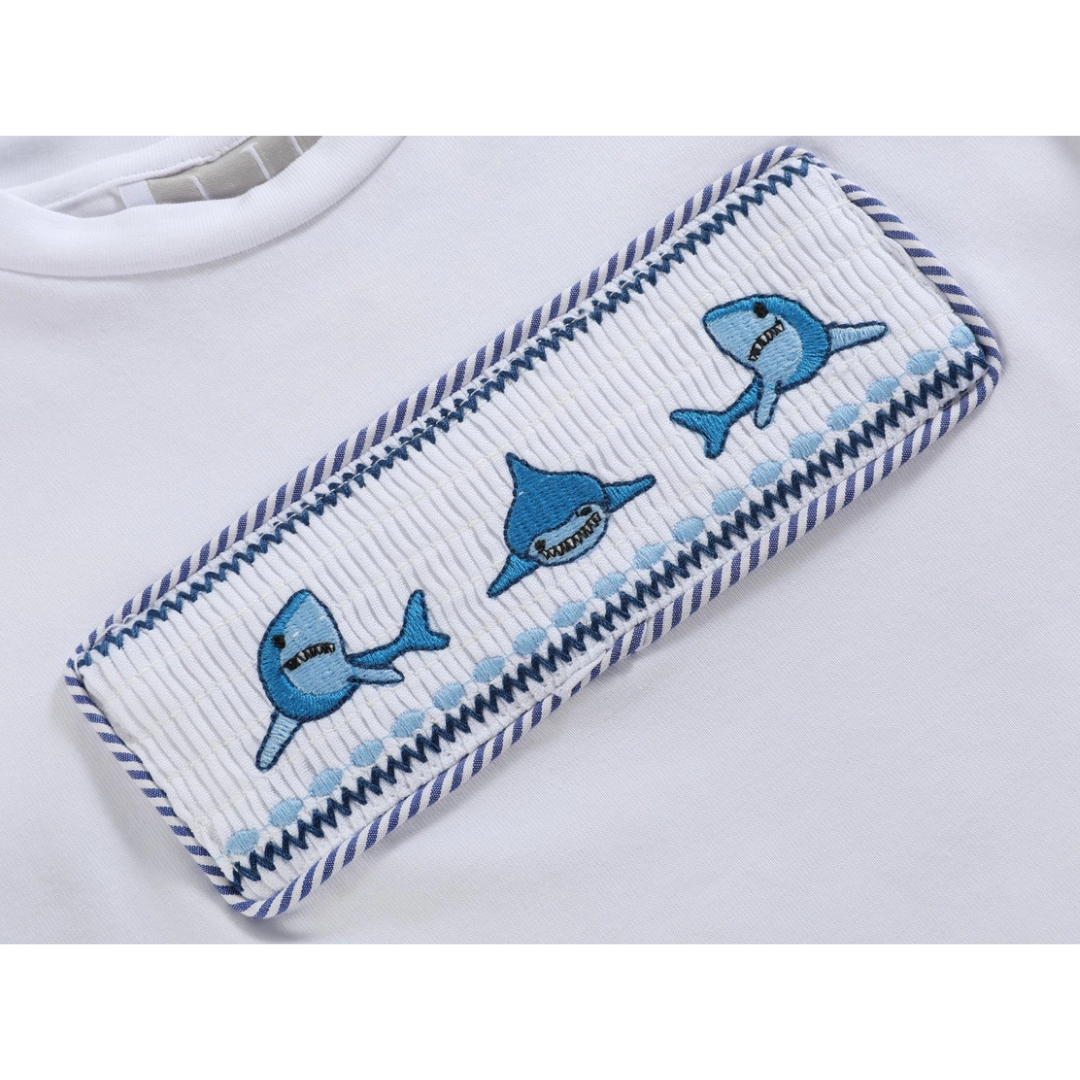 White Shark Smocked Tee and Navy Stripe Shorts Set