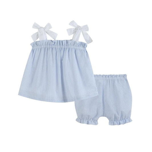 Blue Seersucker Bow Two-Piece Set