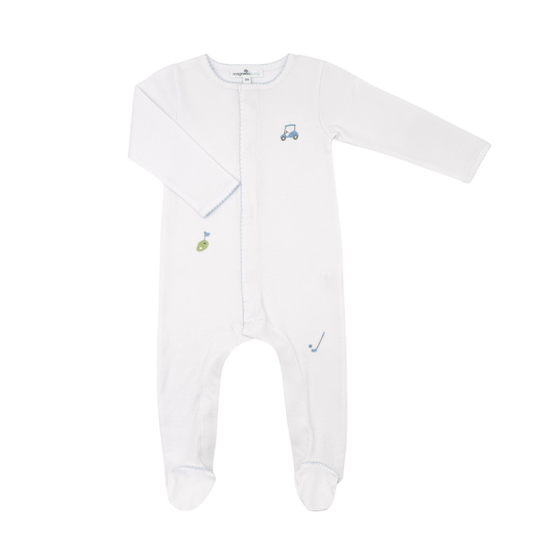 Tiny Tee Time Light Blue Embroidered Footie