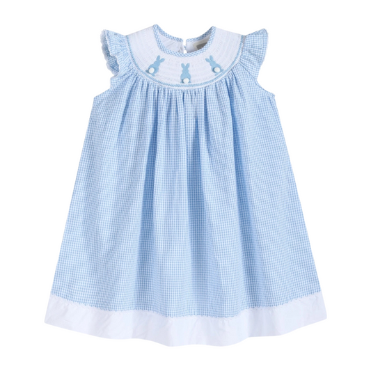 Blue Gingham Bunny Smocked Bishop Dress