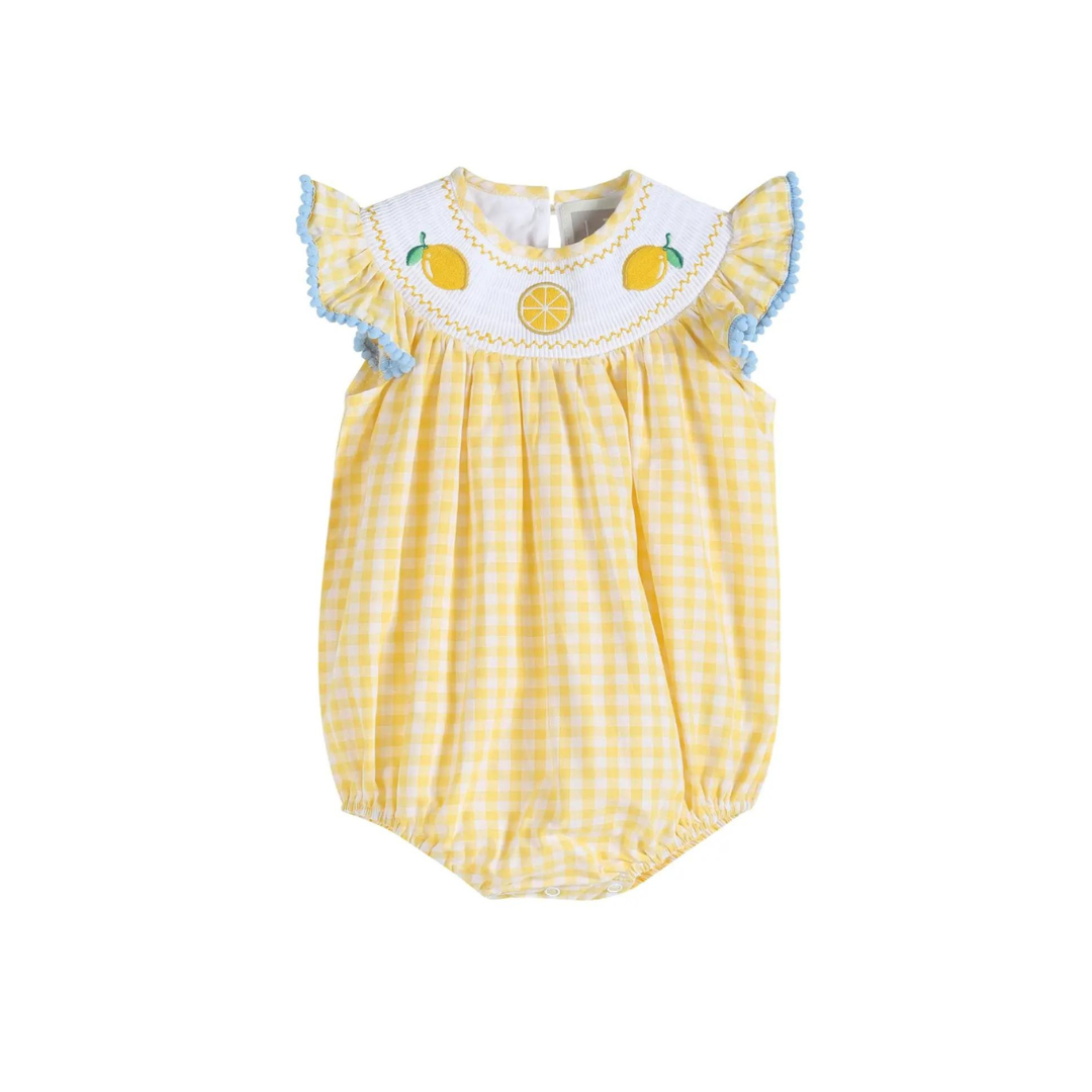 Yellow Gingham Lemon Smocked Flutter Romper