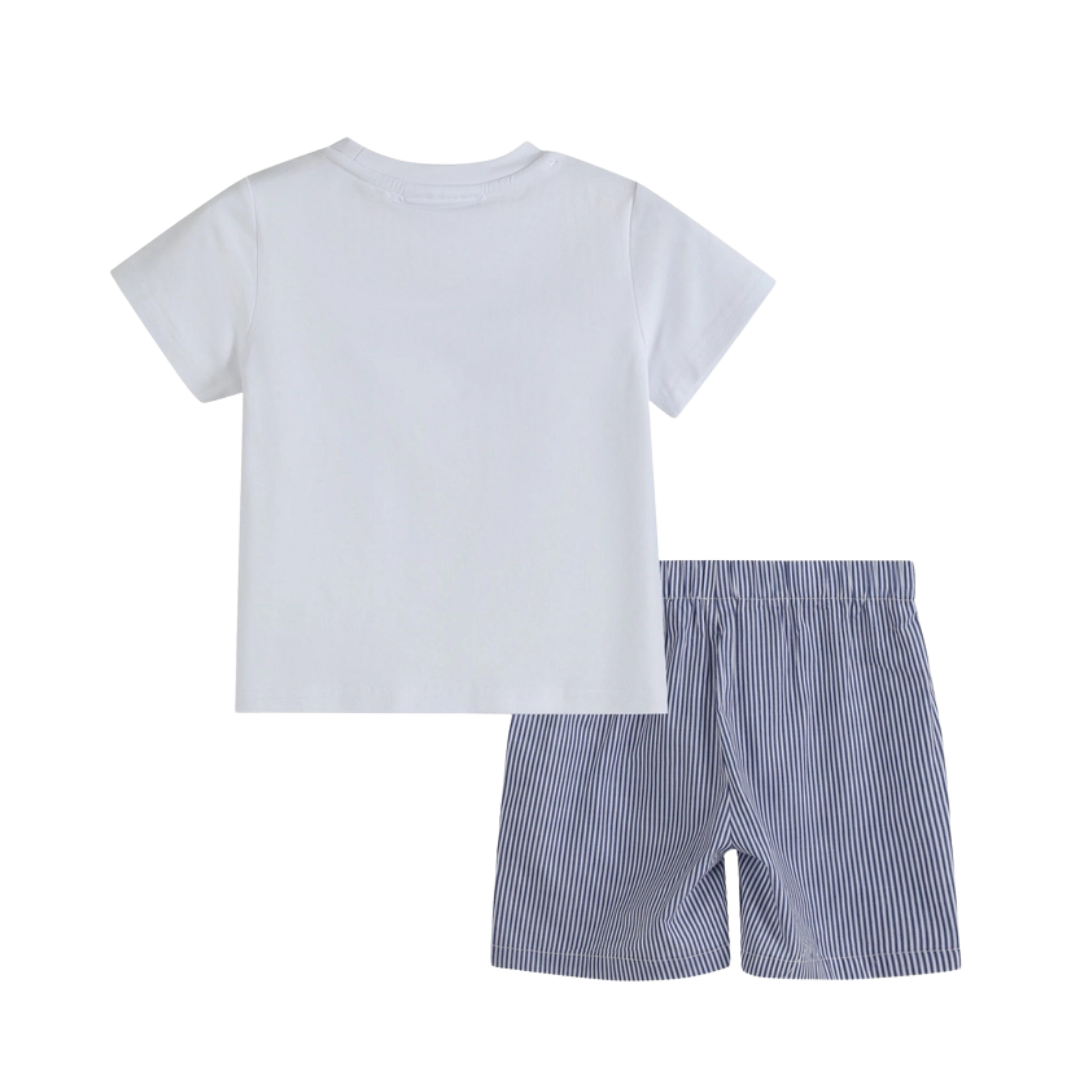 White Shark Smocked Tee and Navy Stripe Shorts Set