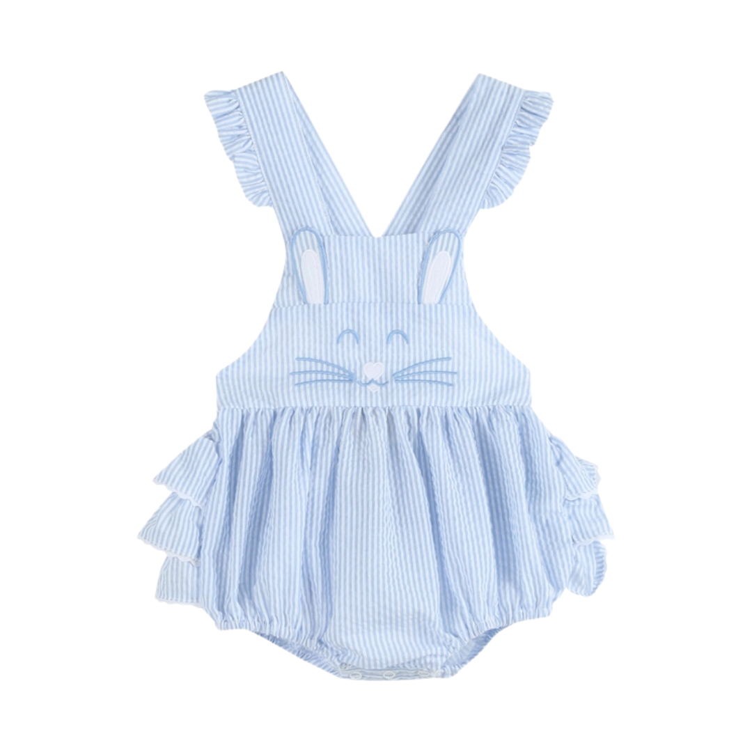 Blue Seersucker Bunny Face Ruffle Romper