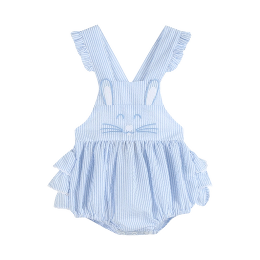 Blue Seersucker Bunny Face Ruffle Romper