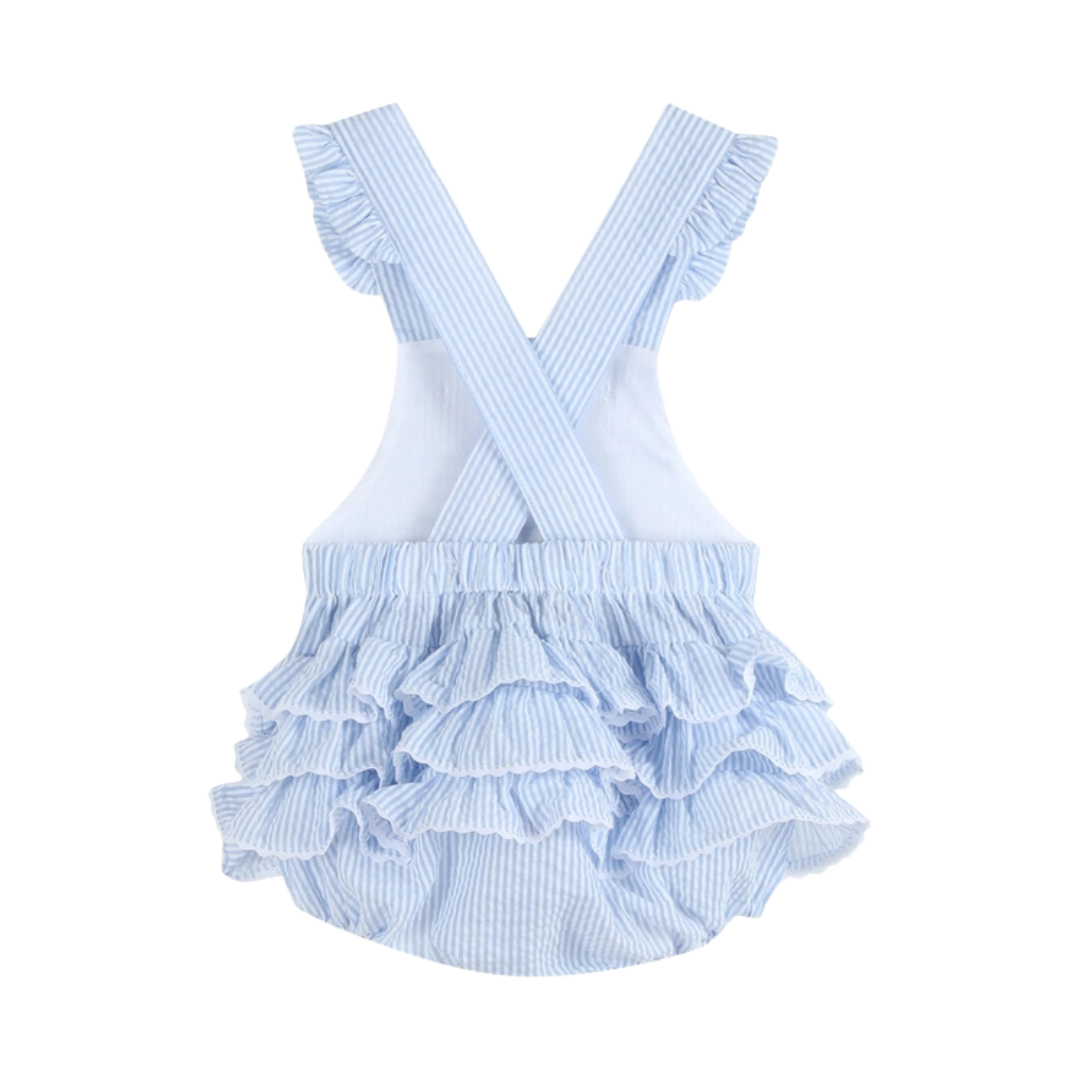 Blue Seersucker Bunny Face Ruffle Romper