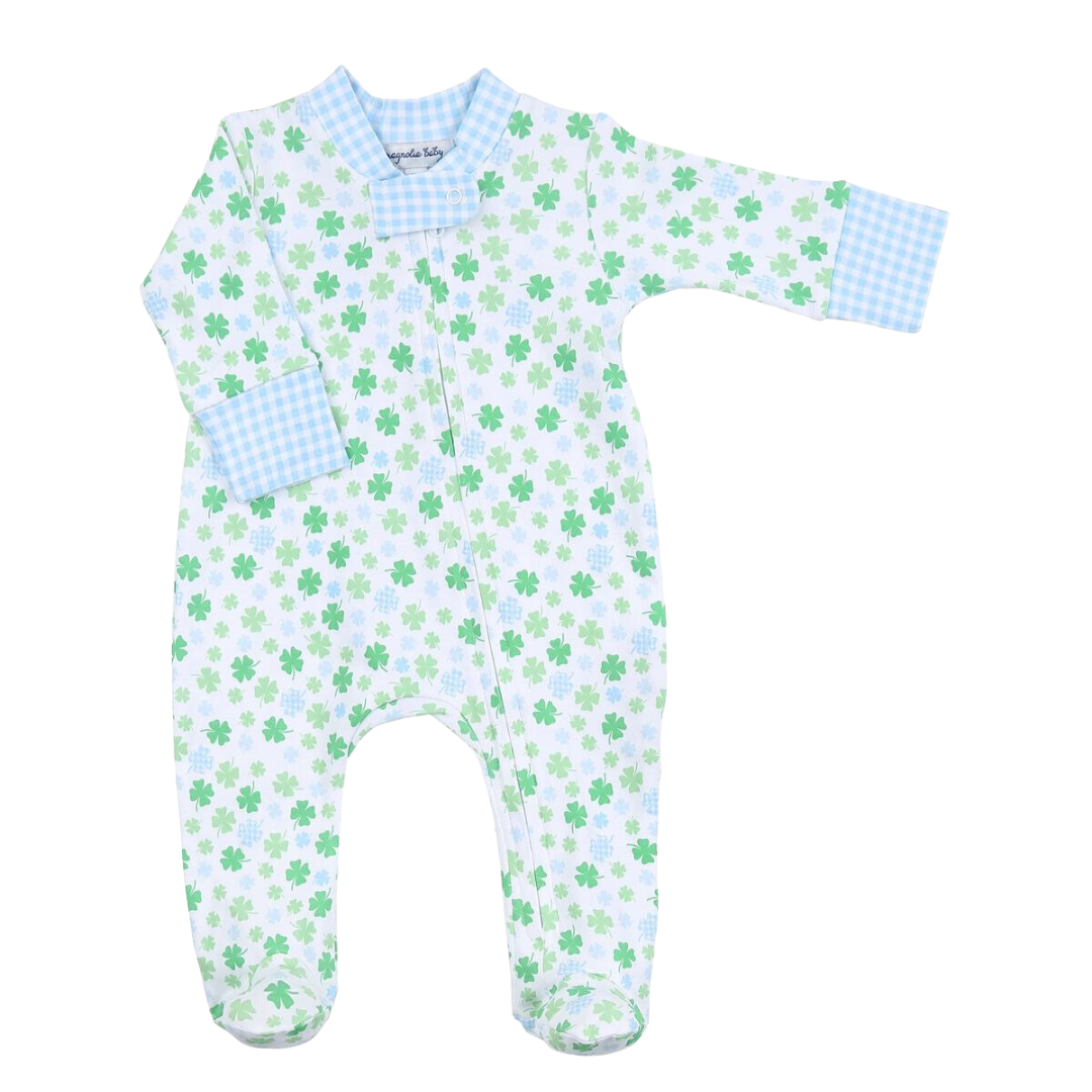 Shamrock Cutie Blue Printed Zipper Footie