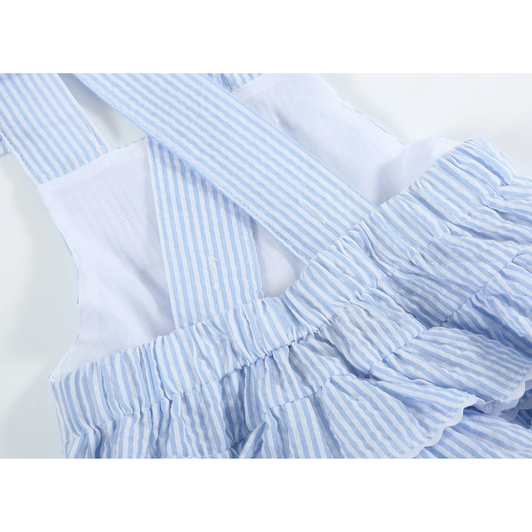 Blue Seersucker Bunny Face Ruffle Romper