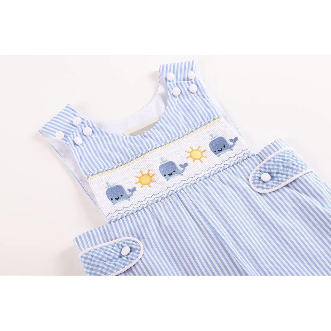 Blue Striped Whale Smocked Shortalls