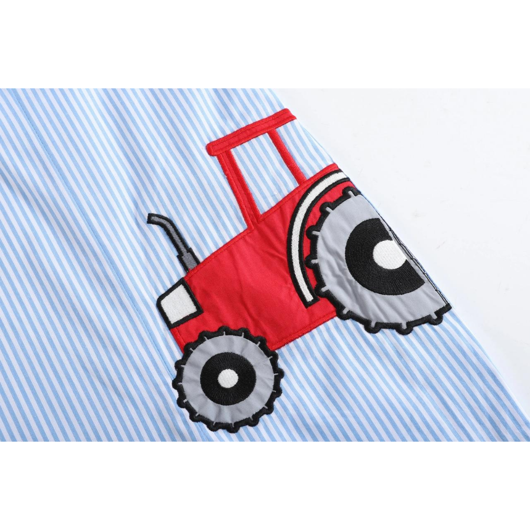 Light Blue Pinstripe Tractor Applique Overall