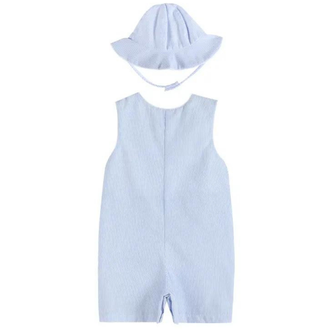 Light Blue Seersucker Romper and Sunhat