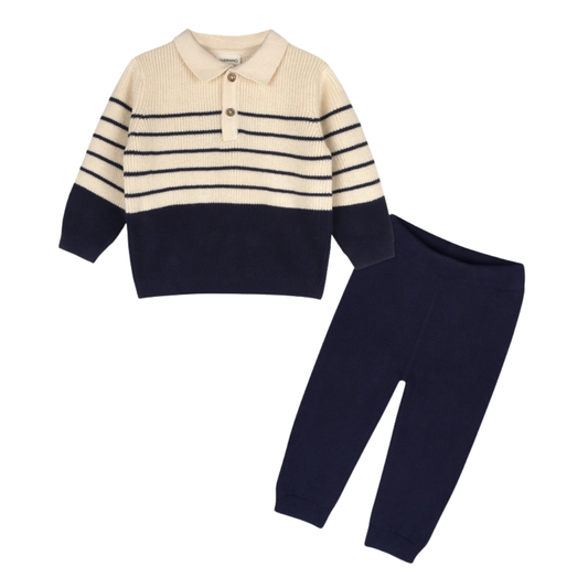 Classic Stripe Polo Sweater Knit Baby Pullover & Pant Set