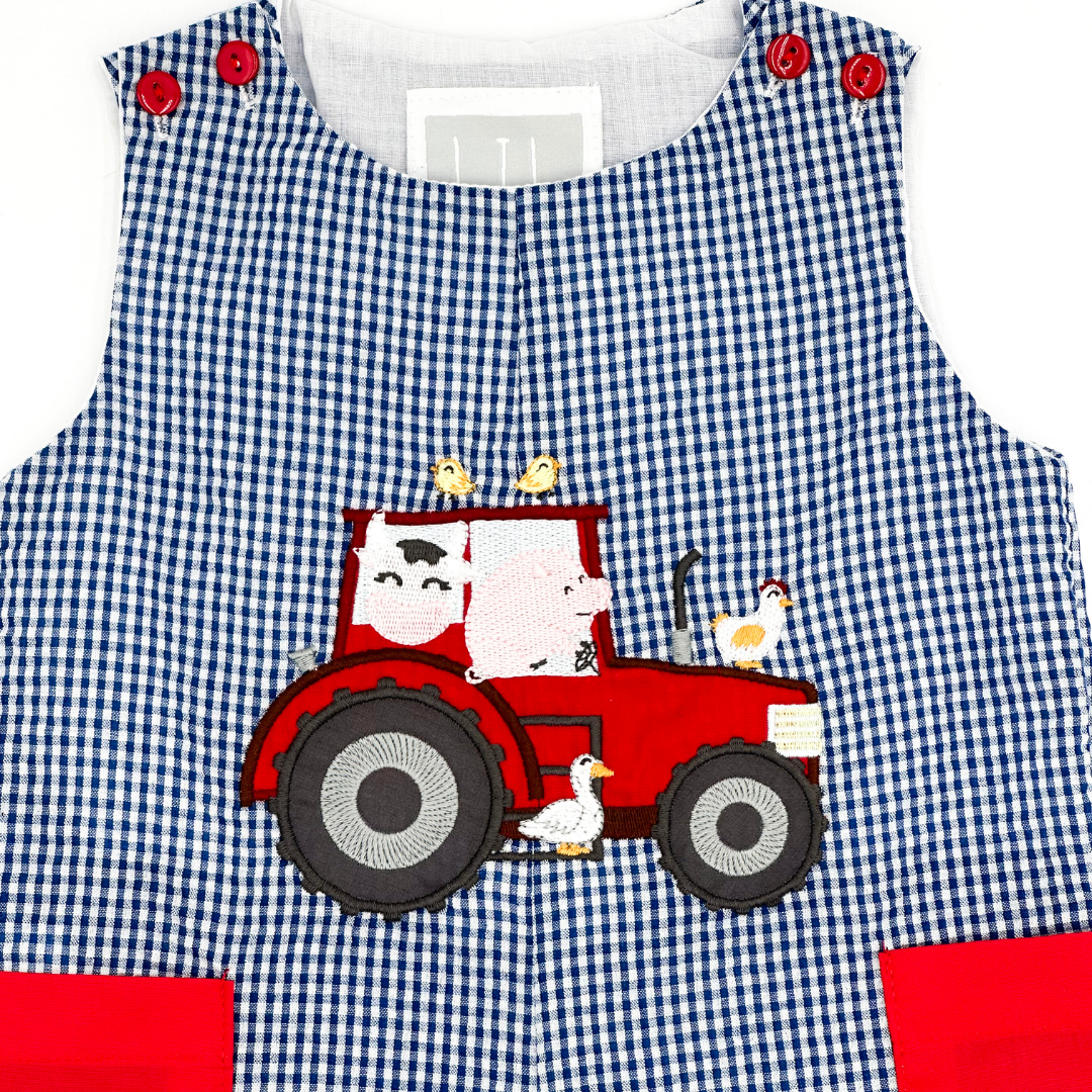 Blue Gingham Farm Animal Tractor Pocket Shortalls