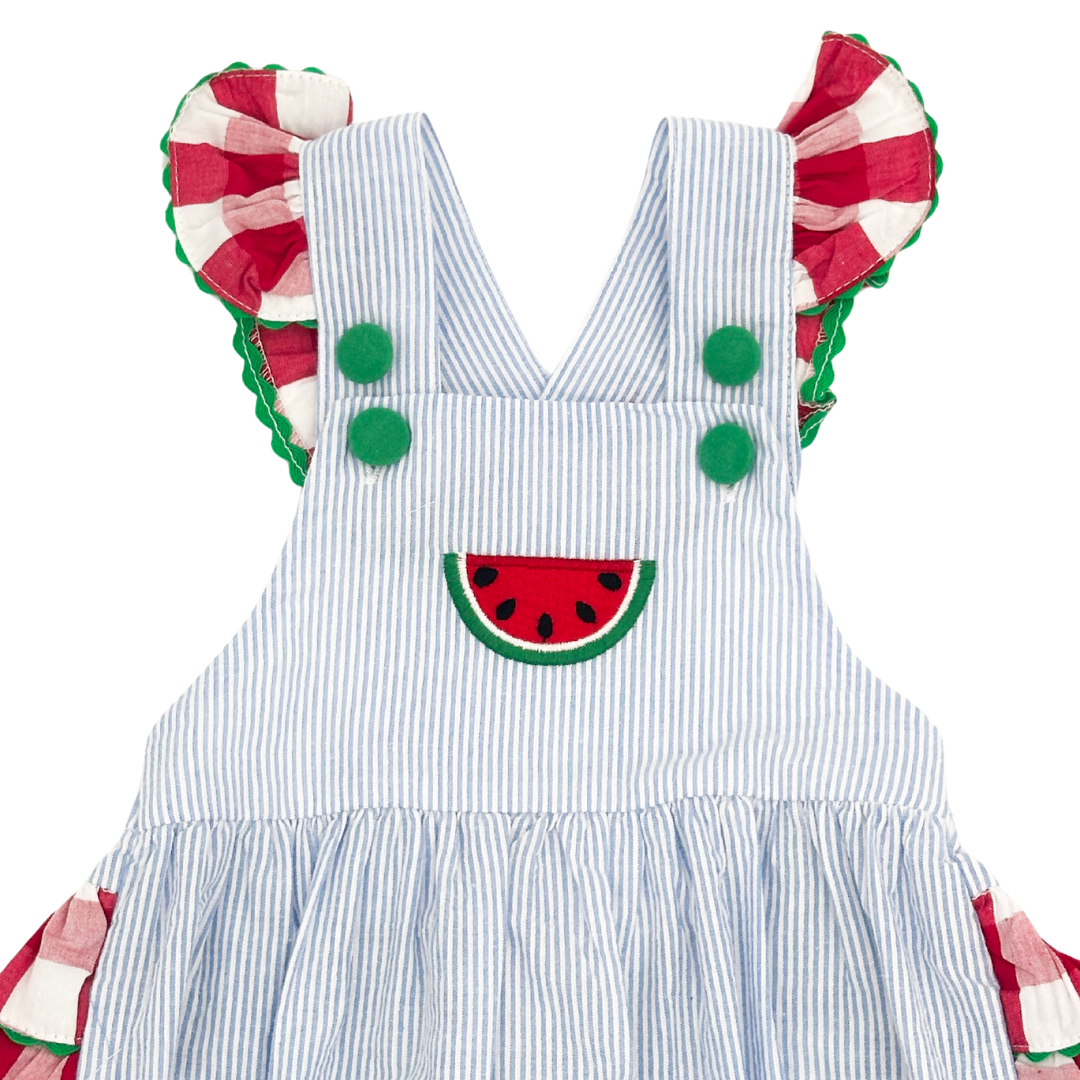 Light Blue Seersucker and Gingham Watermelon Ruffle Romper
