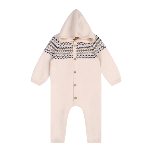 Fair Isle Jacquard Sweater Knit Baby Hooded Jumpsuit