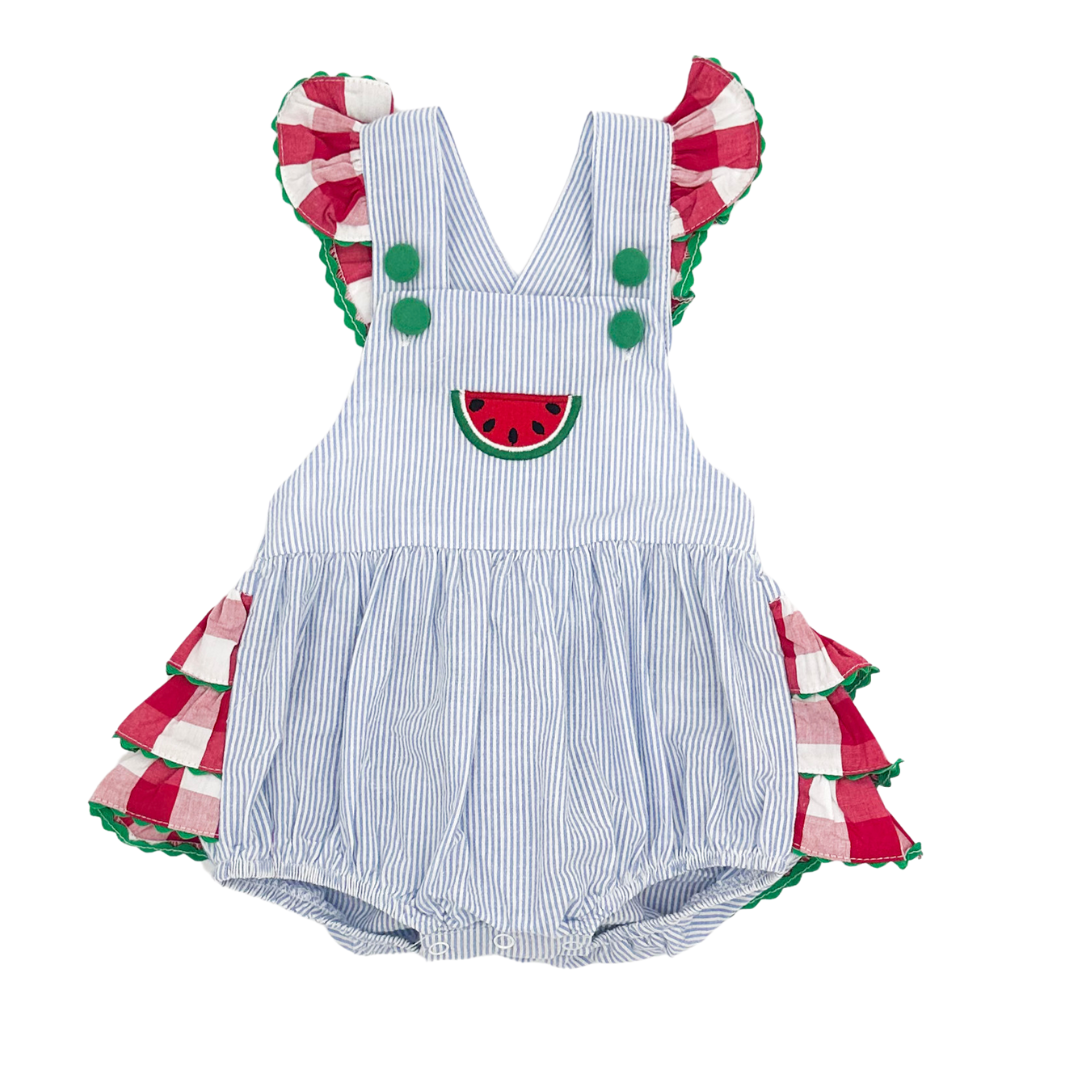 Light Blue Seersucker and Gingham Watermelon Ruffle Romper