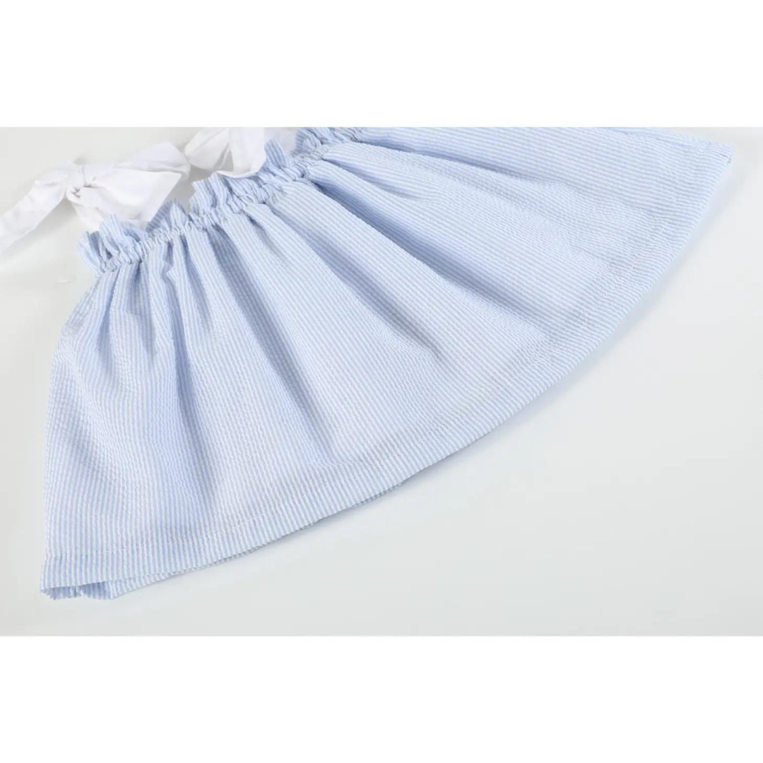 Blue Seersucker Bow Two-Piece Set