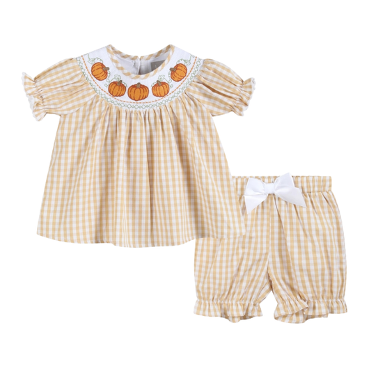 Light Brown Gingham Pumpkin Vine Dress and Bloomer Set