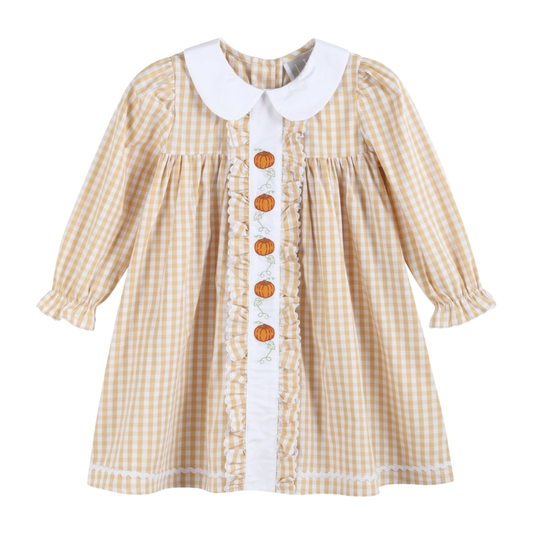 Light Brown Gingham Pumpkin Vine Ruffle Dress