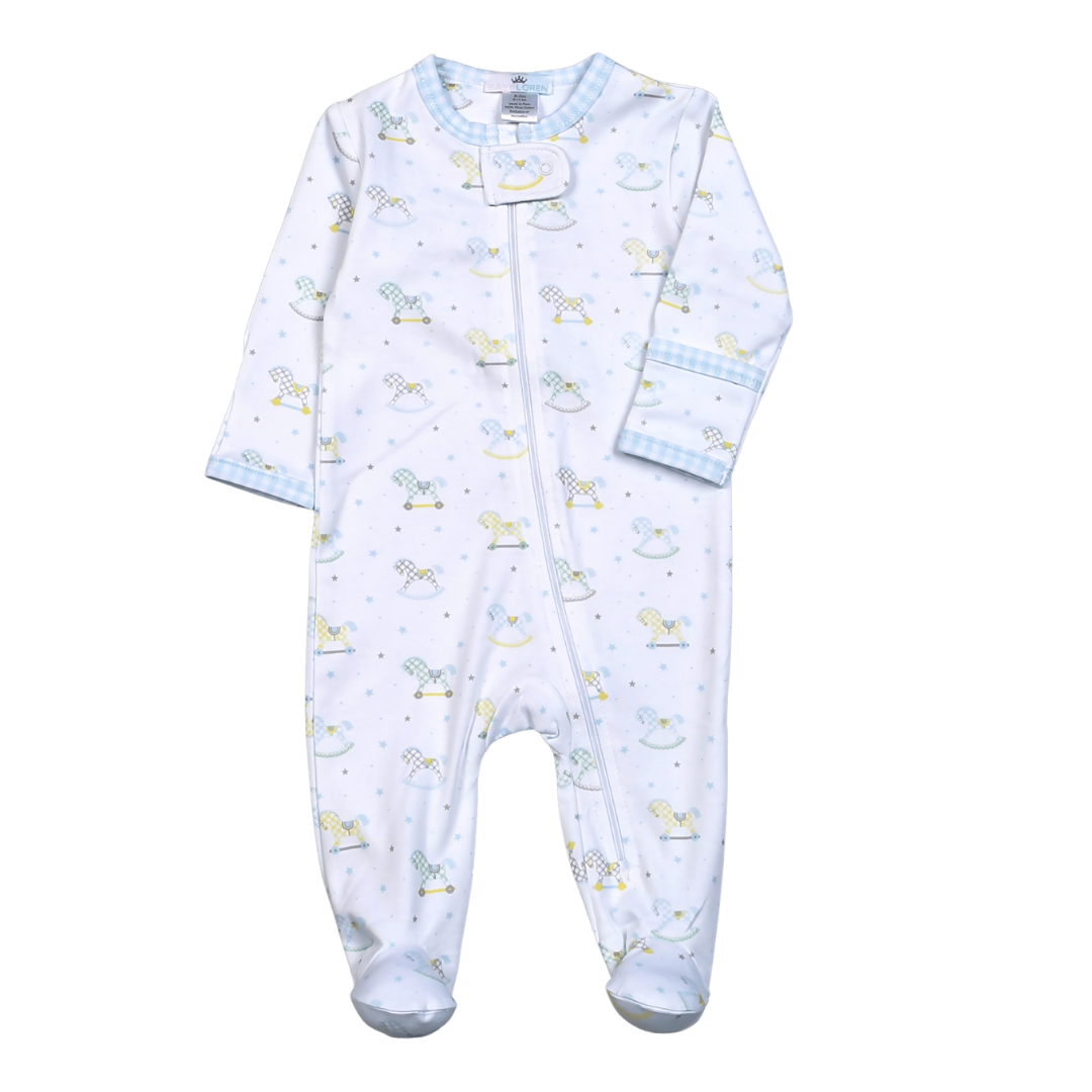 My Sweet Rocking Horse Footie with Blue and White Check Trim