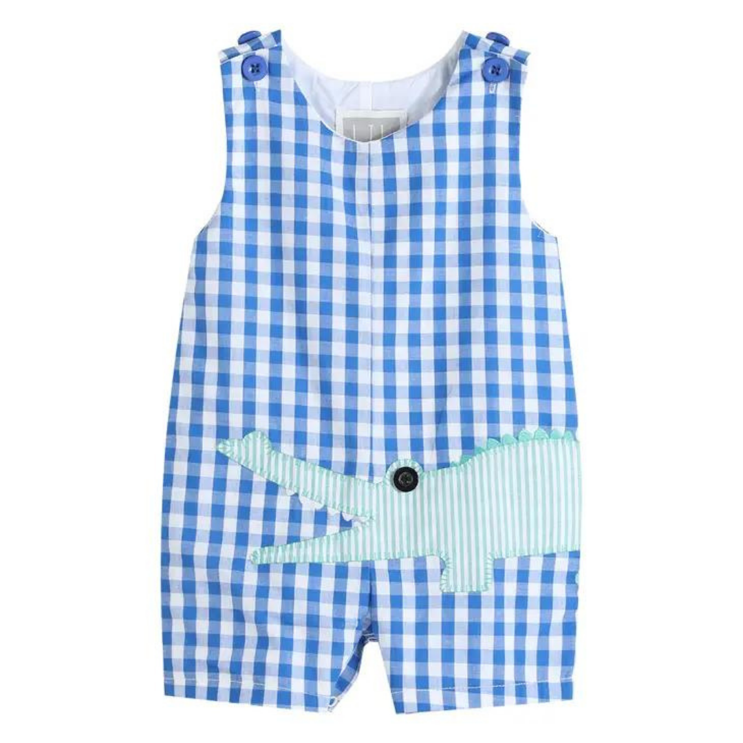 Royal Blue Gingham Alligator Applique Shortalls