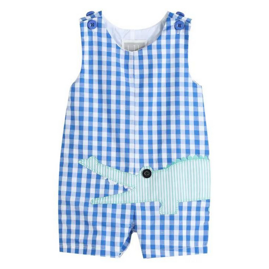 Royal Blue Gingham Alligator Applique Shortalls