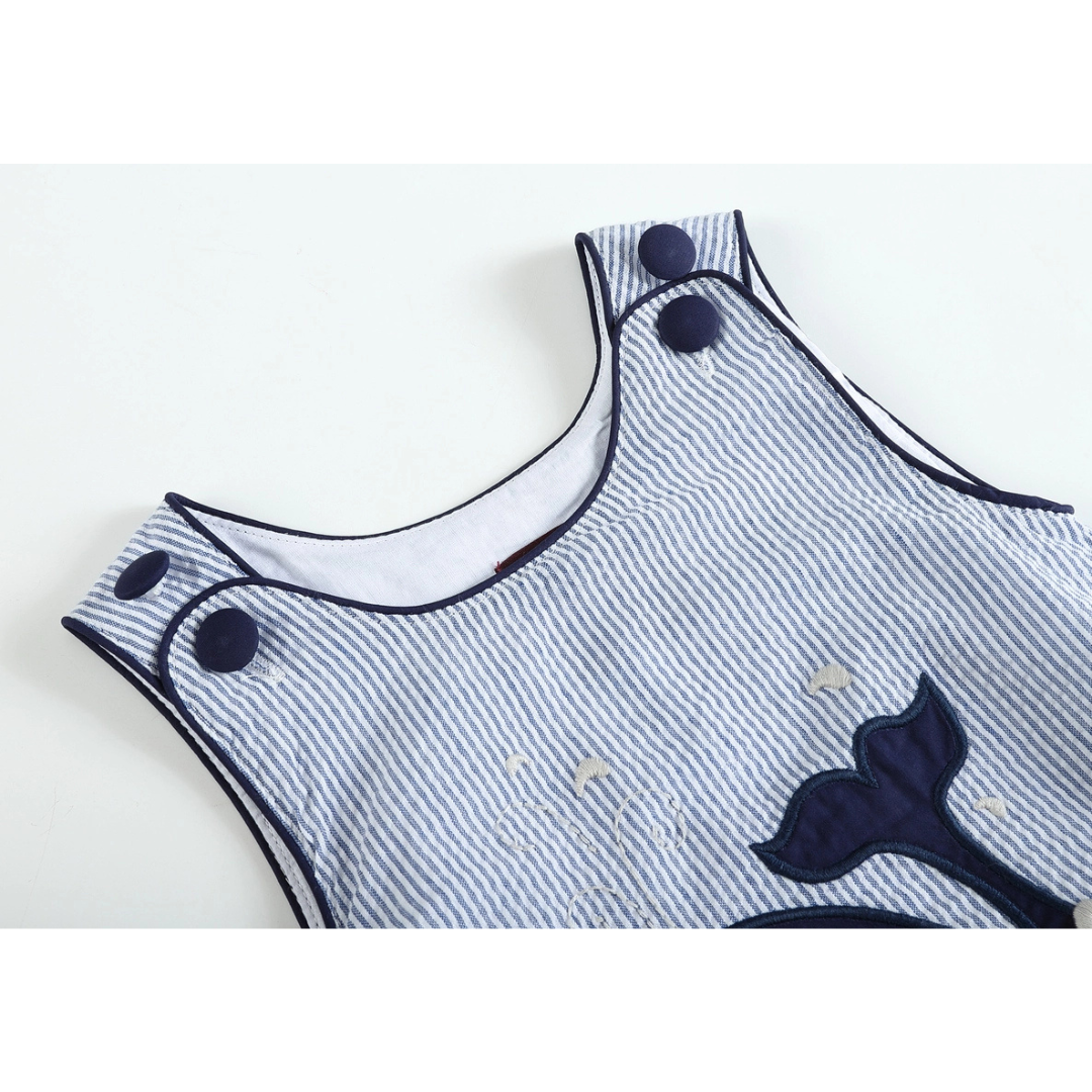 Blue Seersucker Whale Applique Bubble Romper