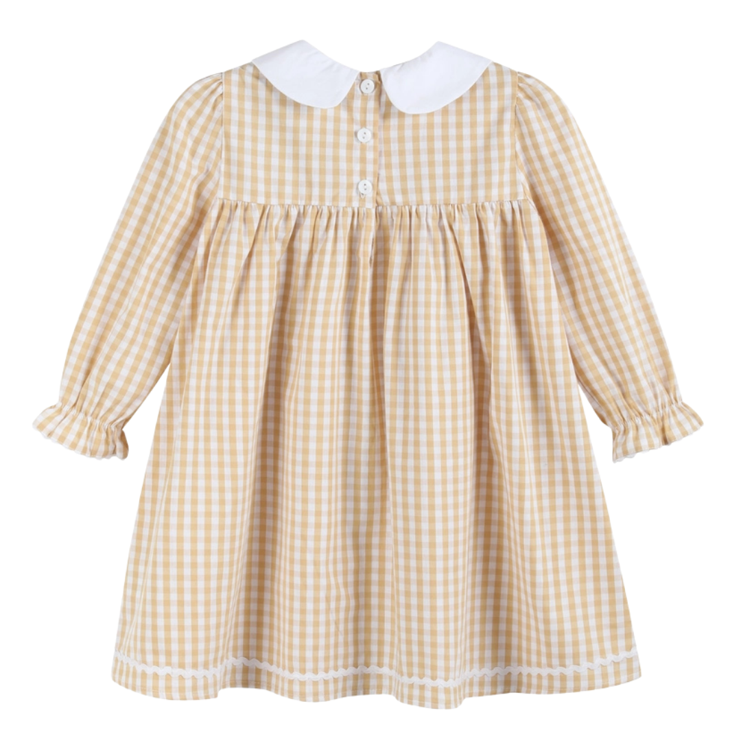 Light Brown Gingham Pumpkin Vine Ruffle Dress