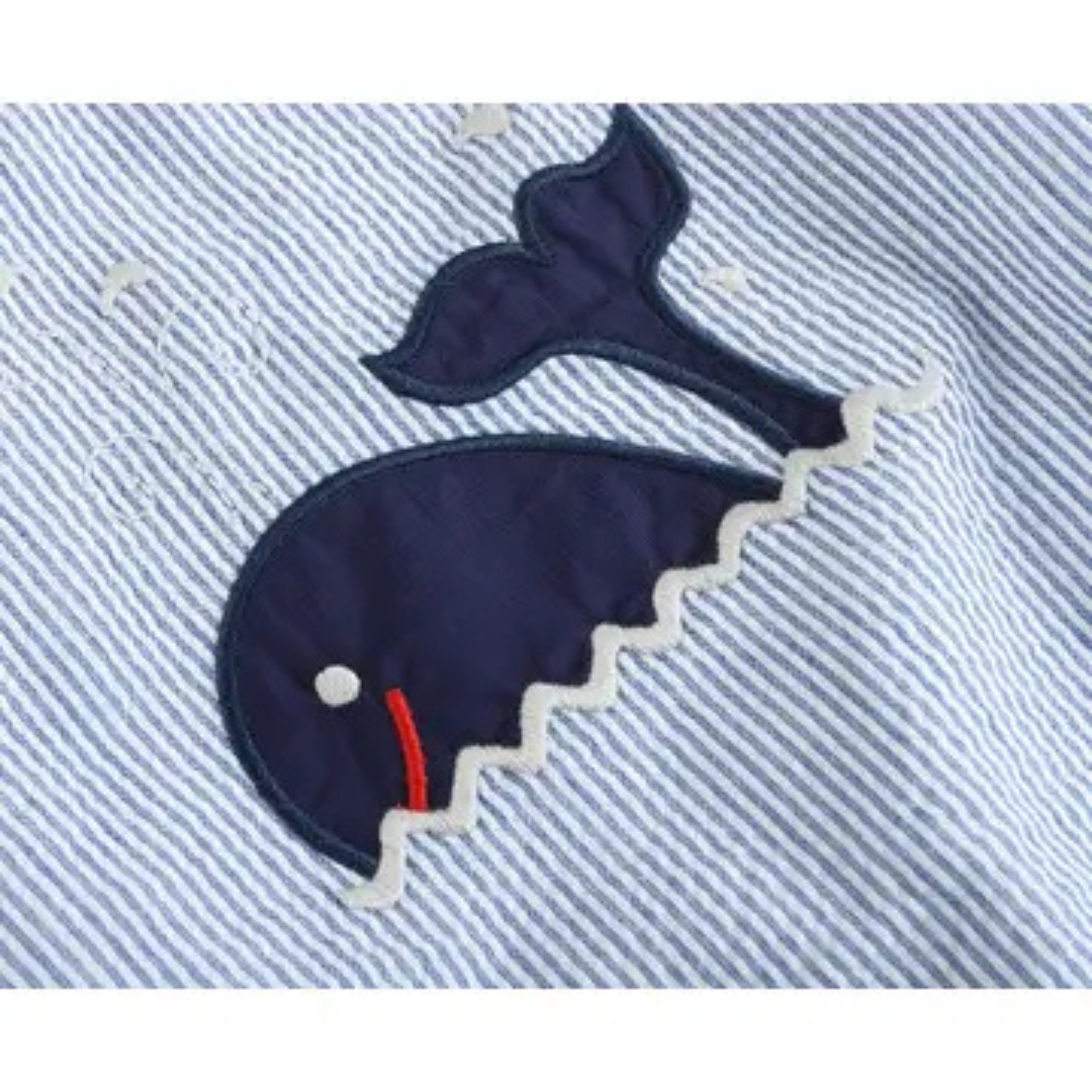 Blue Seersucker Whale Applique Bubble Romper