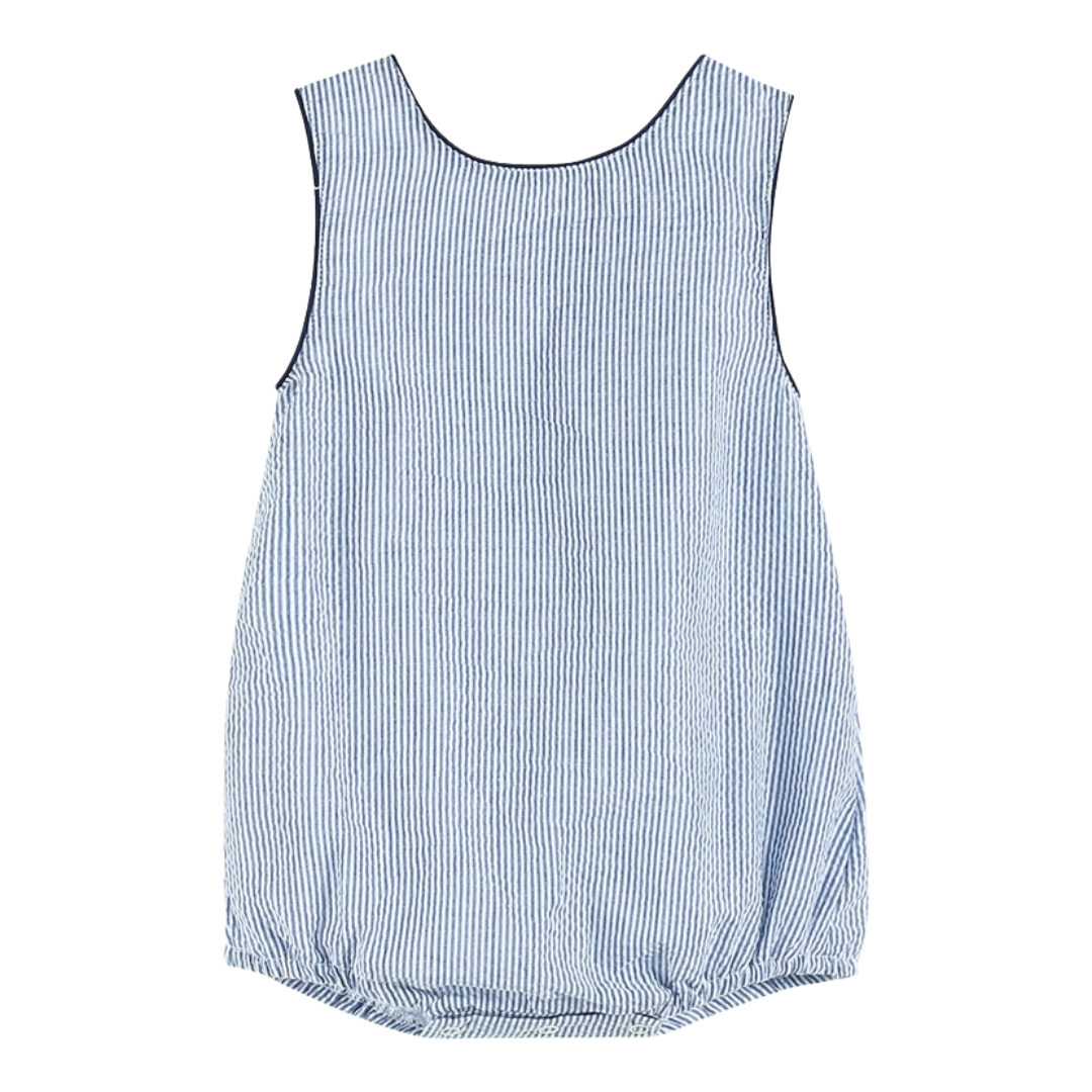 Blue Seersucker Whale Applique Bubble Romper
