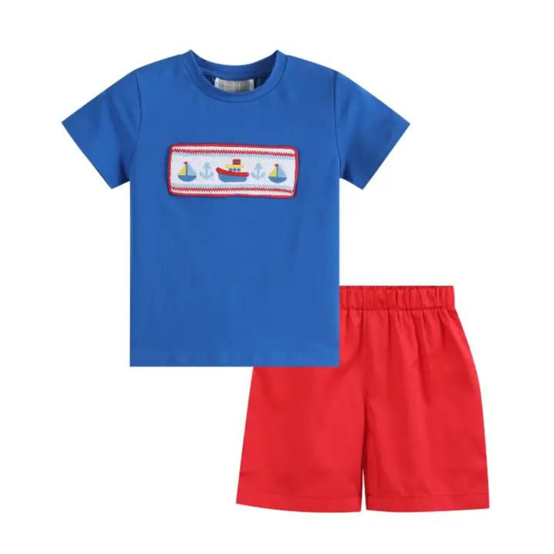 Blue and Red Boats Applique Short Set