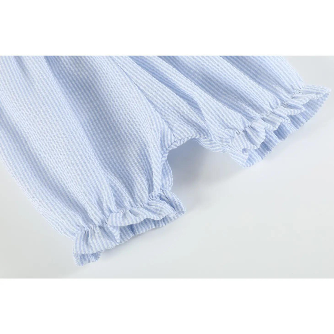 Blue Seersucker Bow Two-Piece Set