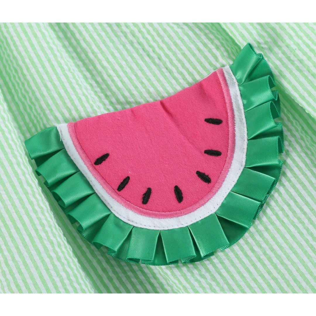 Green Seersucker Watermelon Smocked Bishop Dress