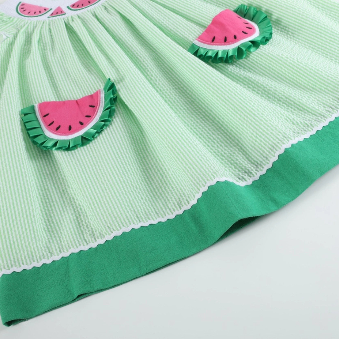 Green Seersucker Watermelon Smocked Bishop Dress