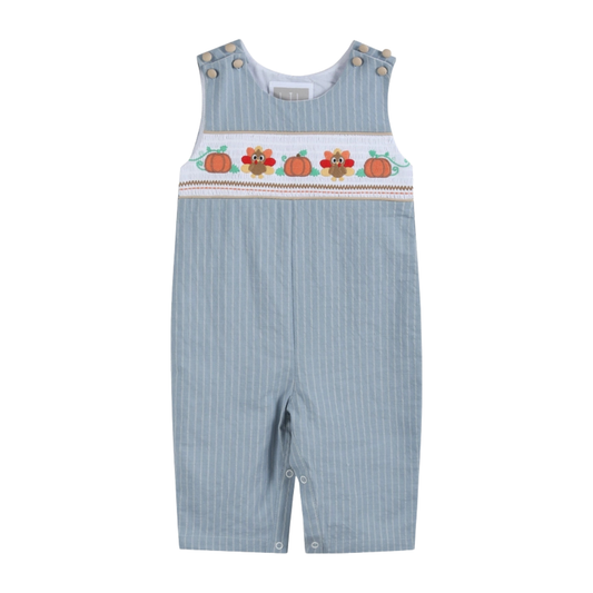 Light Blue Pinstripe Turkey Smocked Overalls