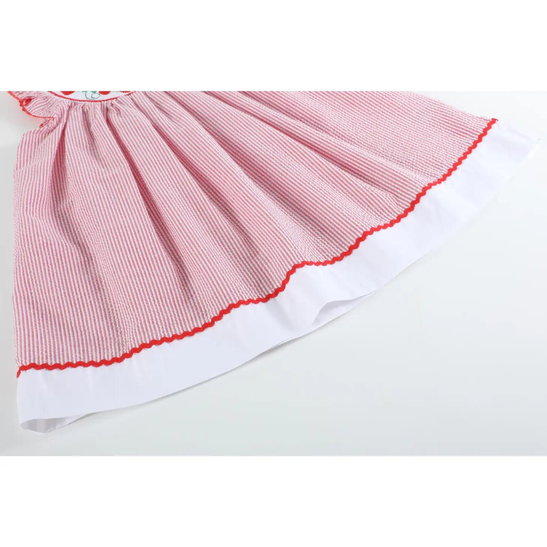 Red Seersucker Strawberry Smocked Bishop Dress