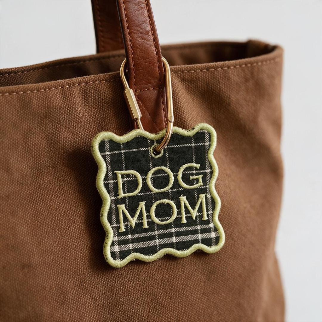 Green Plaid "Dog Mom" Embroidered Bag Tag