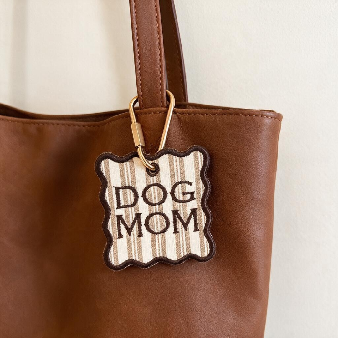 Brown and Cream Striped "Dog Mom" Embroidered Bag Tag