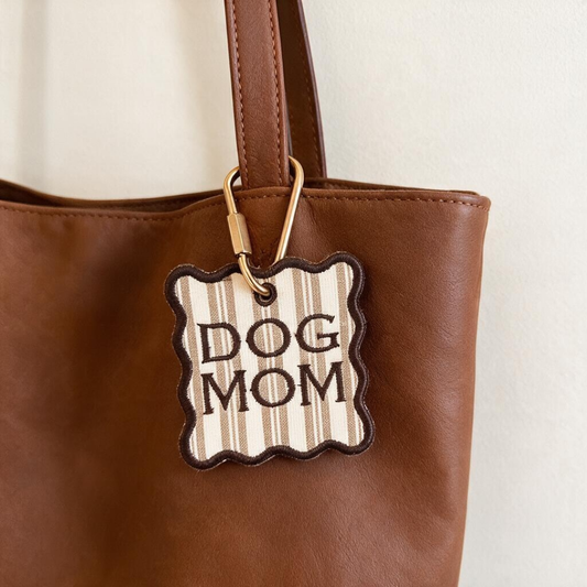Brown and Cream Striped "Dog Mom" Embroidered Bag Tag