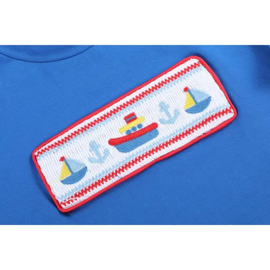 Blue and Red Boats Applique Short Set