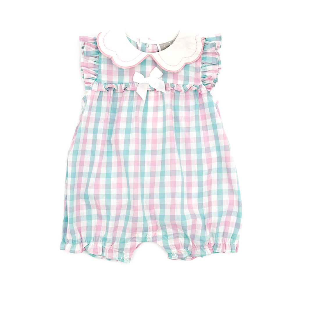 Pink and Turquoise Gingham Collared Romper