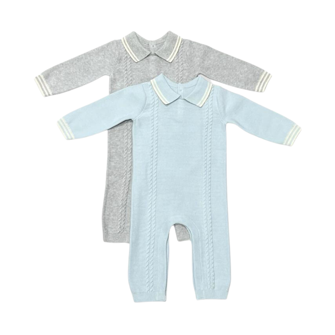 Blue Milan Knit Collar and Cable Baby Jumpsuit