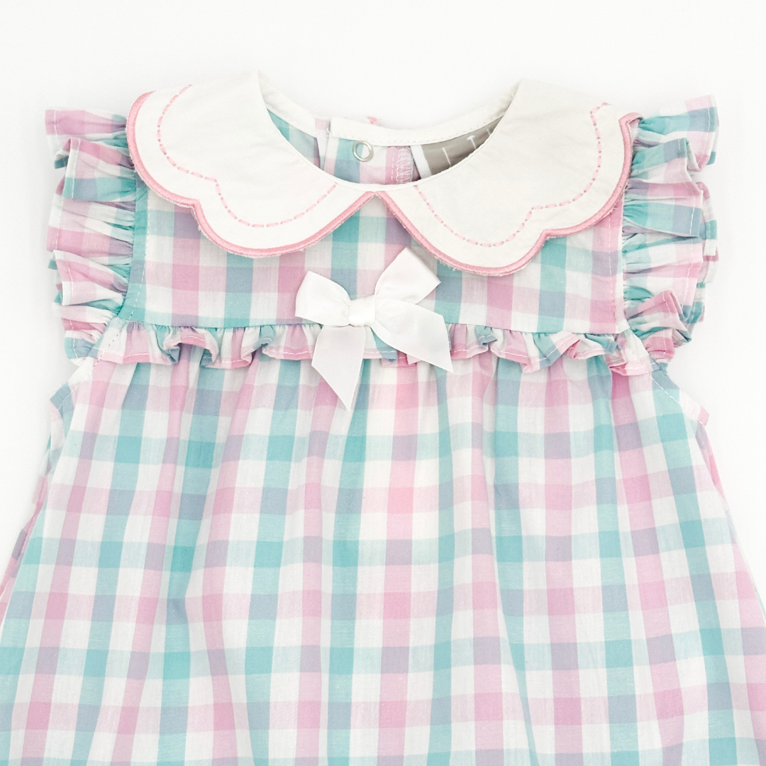Pink and Turquoise Gingham Collared Romper