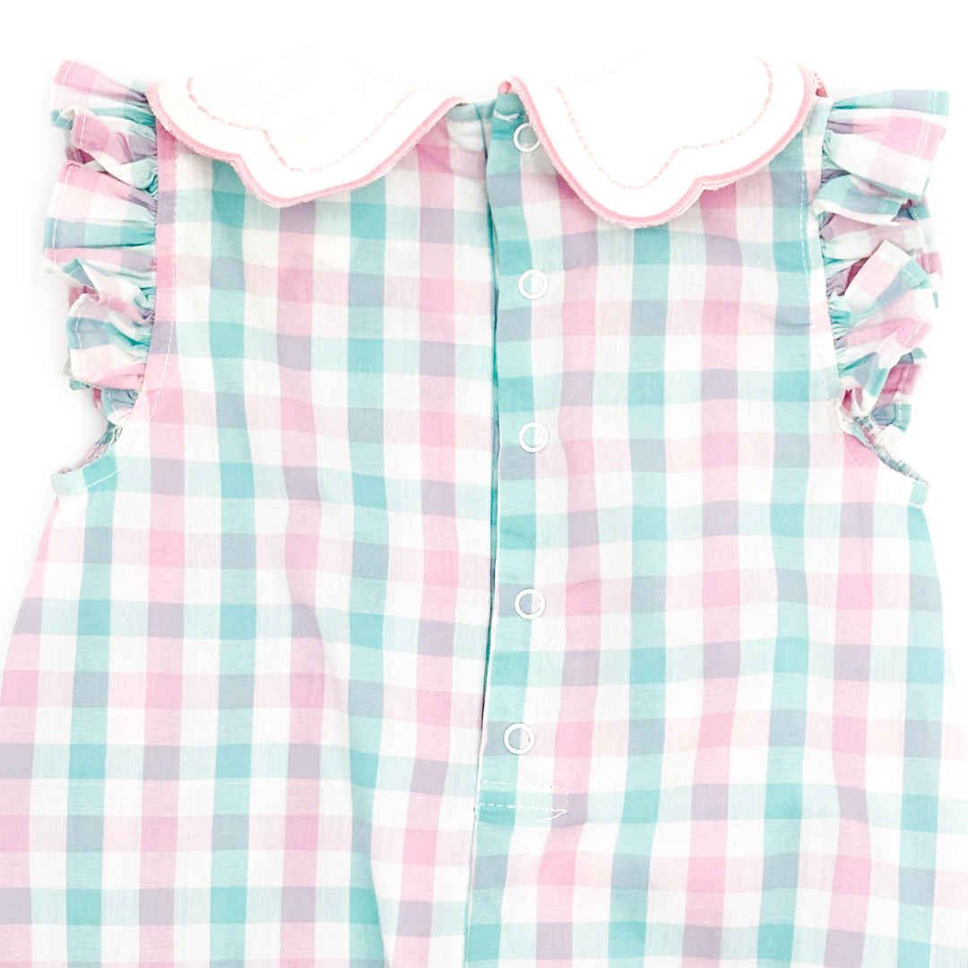 Pink and Turquoise Gingham Collared Romper