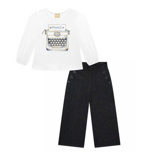 Navy and White Typewriter Pant Set